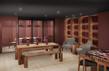 A modern dining room with a wooden table and chairs.